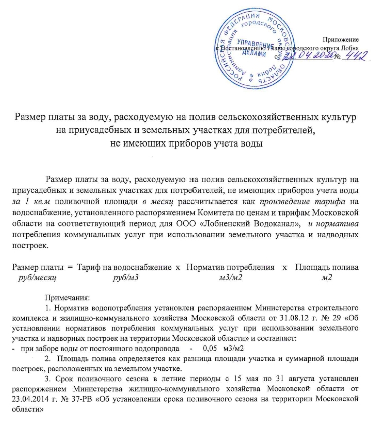 Скачать Постановление Главы от 22.04.2020 №442 О внесении изменений в Постановление Главы Администрации города Лобня от 08.04.2016 года  № 507 «О взимании платы за воду на полив земельных участков на территории города Лобня»